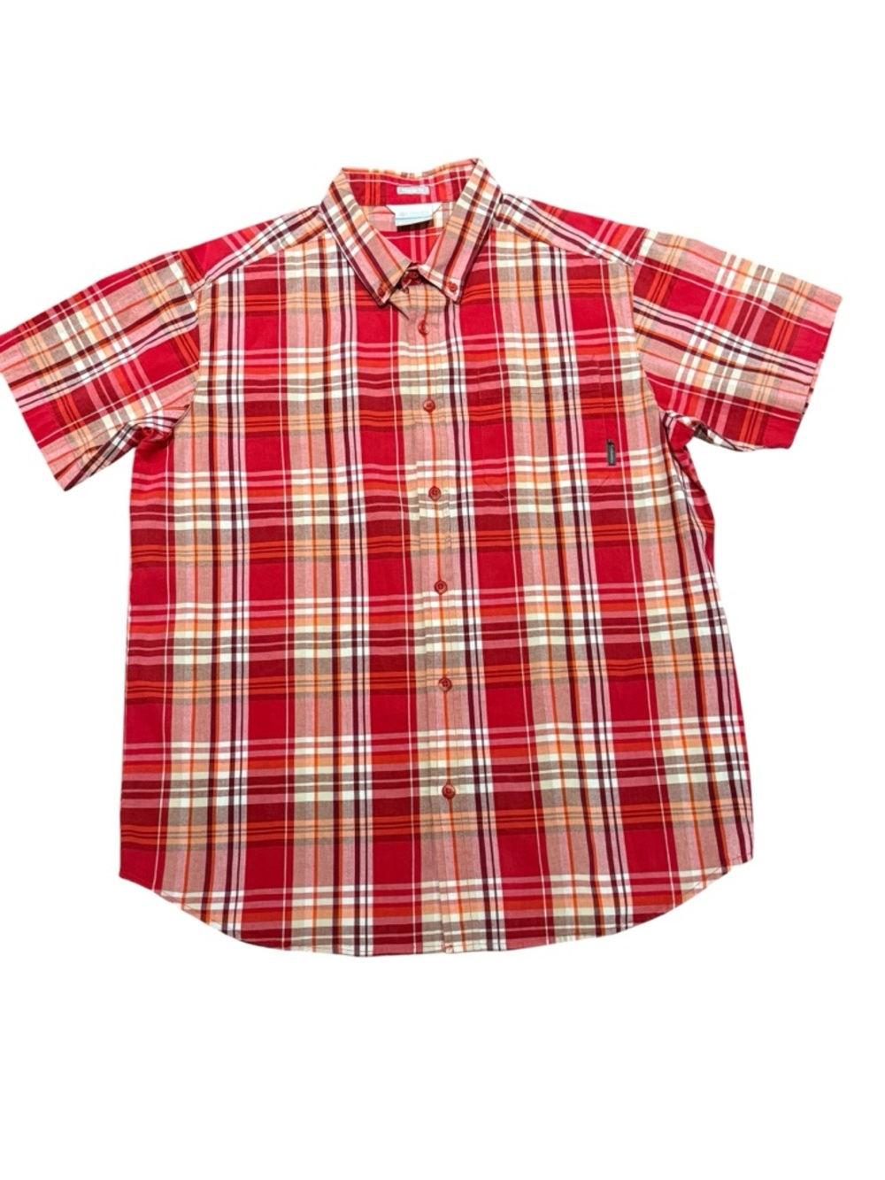 Columbia Red Plaid Madras Short Sleeve Button-Down Shirt Mens Size Large